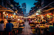 bustling night market with colorful stalls and delicious street food