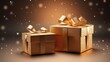 Gold color gift boxes with gold ribbons on a yellow background with out of focus lights, christmas, birthday concept