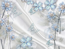 3d Wallpaper Blue Jewelry Flowers And Butterflies On Silk Background 