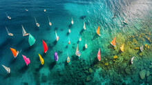 Aerial Panorama Of A Mosaic Of Colorful Sailboats On A Crystal-clear Sea.
