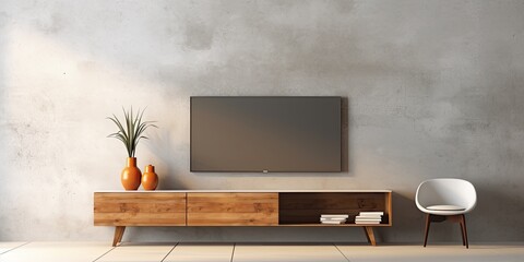 Wall Mural - Rendered design of a wooden TV cabinet in a stylish loft interior, featuring a concrete wall in the living room.