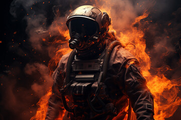 Wall Mural - An astronaut with a jetpack standing outside of an open flame.
