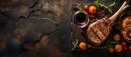 Sticker - Spiced rack of lamb with red wine on stone table, viewed from above.