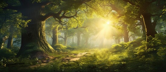 Wall Mural - Magical forest with sunlight filtering through trees, perfect for fairy tales, nature retreats, or meditation visuals.