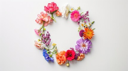 Wall Mural - Flowers composition. Wreath made of various colorful flowers on white background. Easter, spring, summer concept. Flat lay, top view, copy space