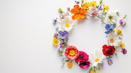 Wall Mural - Flowers composition. Wreath made of various colorful flowers on white background. Easter, spring, summer concept. Flat lay, top view, copy space