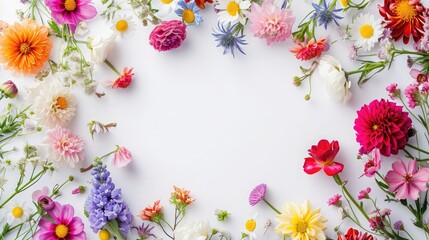 Wall Mural - Flowers composition. Wreath made of various colorful flowers on white background. Easter, spring, summer concept. Flat lay, top view, copy space