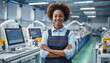 © Olga - Female facility, afroamerican woman engineer in modern technical plant, smiling on camera
