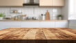 © Hazal - wooden table with kitchen background. Suitable concept for shooting in the kitchen. kitchen products background. food background. shooting table in kitchen. empty wooden table top and blur of room