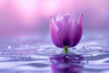 A Beautiful Purple Tulip On Water In With Purple Natural Background.