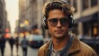 © theartofphoto - Man Wearing Headphones Walking on City Street Listening to Music. Generative AI.