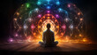 © Adam - A Man Seated in a Lotus Position While Looking at a Colorful Chakra Theme Pattern of Lights