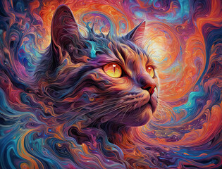 Ethereal Void - Psychedelic drug-induced trip illustration with passion, cat, and a man's face Gen AI