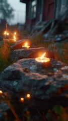 Canvas Print - candles burning outside on the old rocks. 