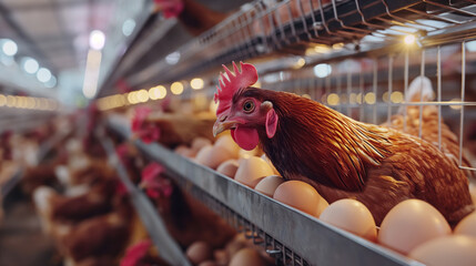 Close up of hen on egg production farm in cage system of housing. Generative AI