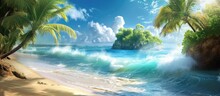 Stunning Tropical Island With Palm Trees, Sandy Coast, And Crashing Ocean Waves.
