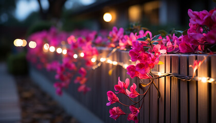 Wall Mural - A glowing pink flower head illuminates the dark night outdoors generated by AI