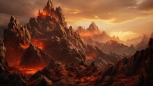 A Rocky Mountain Ridge At Sunset, With The Sun Creating A Fiery Sky And Casting Warm Tones On The Rugged Surfaces -Generative Ai