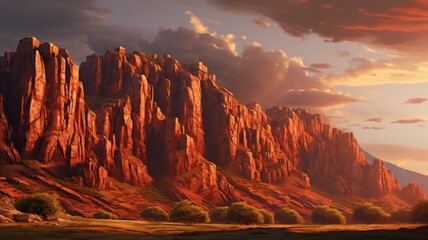 A rocky mountain ridge at sunset, with the sun creating a fiery sky and casting warm tones on the rugged surfaces -Generative Ai