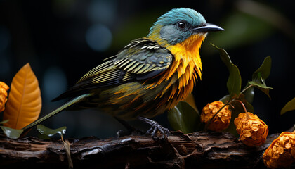 Canvas Print - A small bird perching on a branch in a tropical forest generated by AI