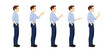 Young business man in blue shirt side view different gestures set isolated vector illustration