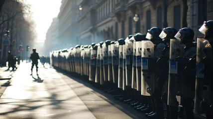 Wall Mural - Anti-riot police team with plastic shields