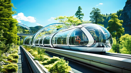 Modern and eco-friendly transparent hydrogen-powered electric train moving through a lush landscape on a clear, sunny day. Zero emission, free, sustainable transport.