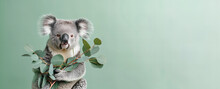 Cute Koala Holds Out An Eucalyptus Isolated On Light Pastel Green Background With Copy Space