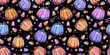 Vector seamless background. Pattern of colorful cute drawn pumpkins and candies. Halloween motif