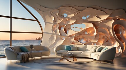 Wall Mural - Modern interior design living room with sunset sea view