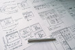 © Veronique - User experience design wireframes of IT product. Hand drawn draft projects layout. Sketch of ideas. Complex project, education