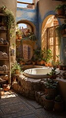 Poster - Bathroom Oasis: Tranquil Haven with Plants and Sunlight