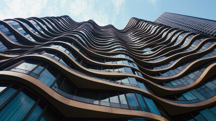 Modern tall building with wavy futuristic design, low angle view of abstract curve lines and sky. Geometric facade with glass and steel. Concept of exterior, business, office