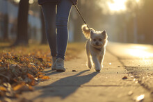 Walking With A Dog On A Sidewalk Walking