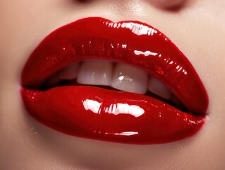 Wall Mural - lip makeup - red lipstick. lips close up