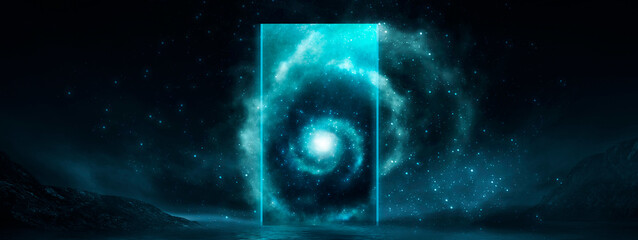Wall Mural - fantasy night futuristic landscape, cosmic spiral nebula portal, neon, reflection in water.