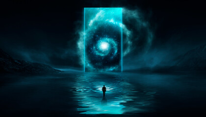Wall Mural - fantasy night futuristic landscape, cosmic spiral nebula portal, neon, reflection in water.