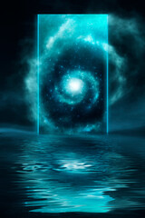 Wall Mural - fantasy night futuristic landscape, cosmic spiral nebula portal, neon, reflection in water.