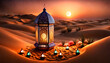 Cinematic close-up desert image of big decorated luminous Ramadan lantern with colorful lamps flowers and desert plants
