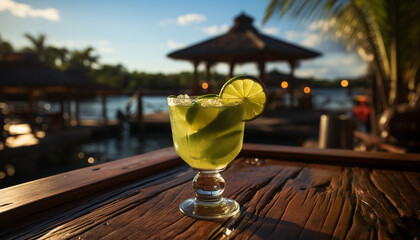 Canvas Print - Refreshing cocktail on a wooden table, enjoying summer outdoors generated by AI