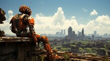 A Solitary Robot, Covered In Rust, Sitting On The Edge Of A Dilapidated Rooftop, Silently Witnessing The Decay Of A Once-vibrant City -Generative Ai