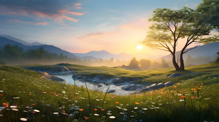 Wall Mural - spring meadow in the morning at sunrise