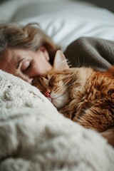Wall Mural - A senior woman rests serenely in bed with a cat in serene setting. Mature woman with her pet sharing the comforting warmth of sleep. Connection between human and pet.