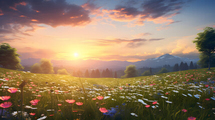 Wall Mural - spring meadow in the morning at sunrise