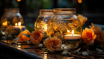 Sticker - Glowing candle illuminates table, celebrating autumn with warmth and love generated by AI