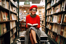 A Young African Ethnicity Female In Preppy Style Clothing Browses Books In A Library Background. The Colorful Fashion And Trendy Outfit Complements The Intelligence And Beauty Of University Student.