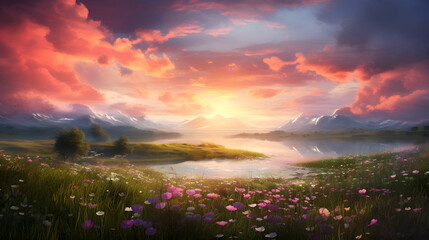 Wall Mural - spring meadow in the morning at sunrise