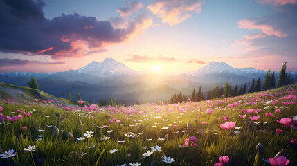 Wall Mural - spring meadow in the morning at sunrise