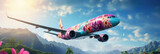 Fototapeta  - an airplane decorated with flowers flies across the sky, summer travel, flight to Hawaii, air transport, tourism, nature, beauty, vacation, tropics, height, speed, garland
