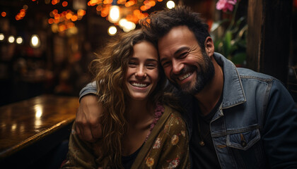 Poster - Young couple smiling, embracing, enjoying love and togetherness outdoors generated by AI